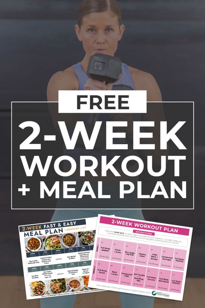 Collage of meal plan and 2-week workout challenge calendar