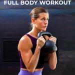 Woman flexing with text overlay describing full body metcon workout