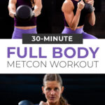 Woman flexing with text overlay describing full body metcon workout