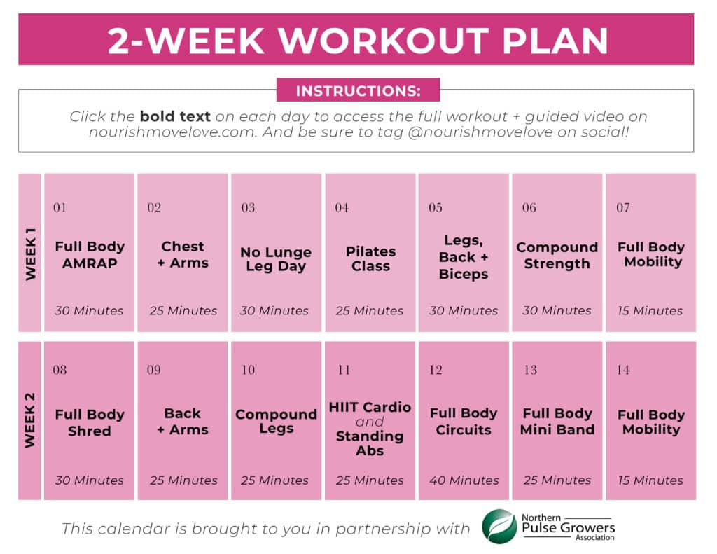 Calendar showing 2 week workout plan
