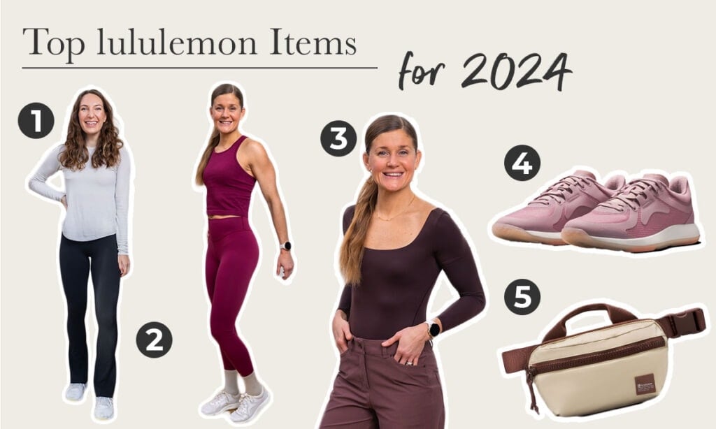 two women posing with five different lululemon bestsellers for 2024