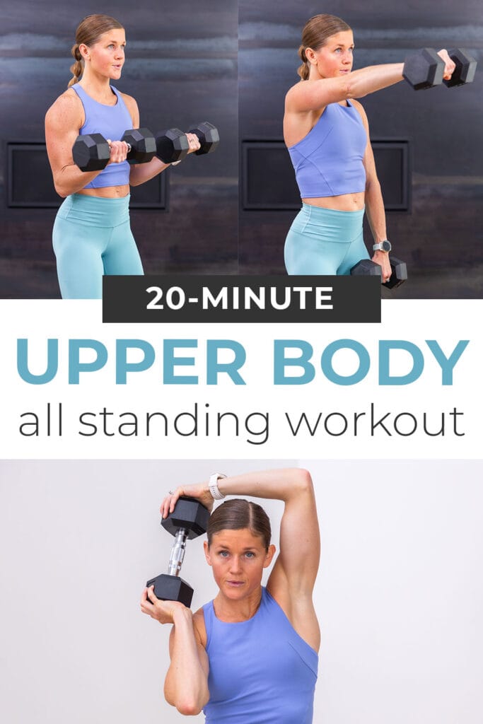 Collage of woman performing upper body dumbbell exercises