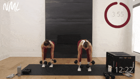 two women performing a deadlift and dumbbell clean as example of best dumbbell exercises