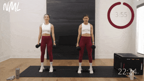 two women performing heels up squats as part of best dumbbell exercises