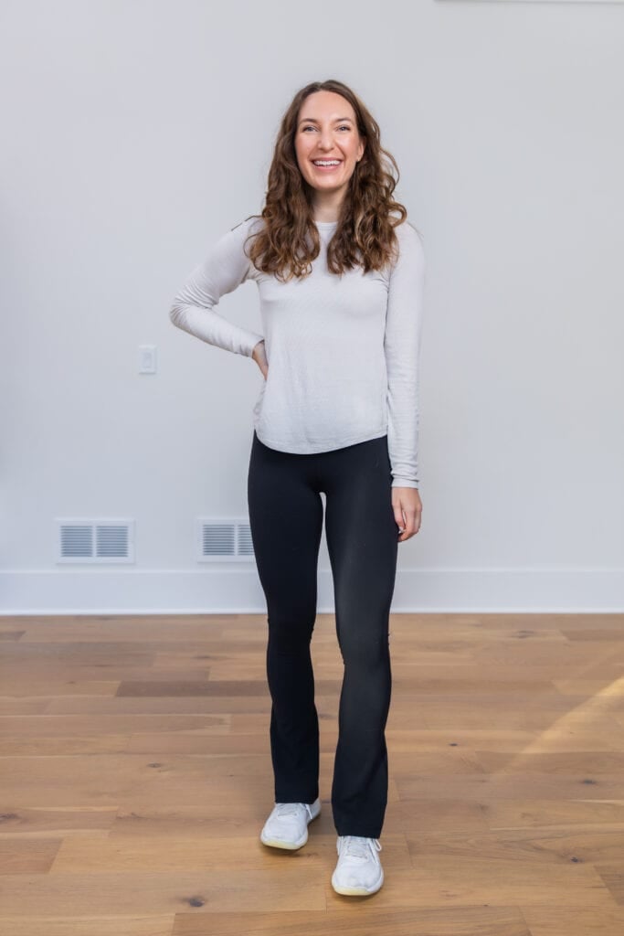 Woman wearing lululemon align mini flare leggings as example of lululemon bestsellers