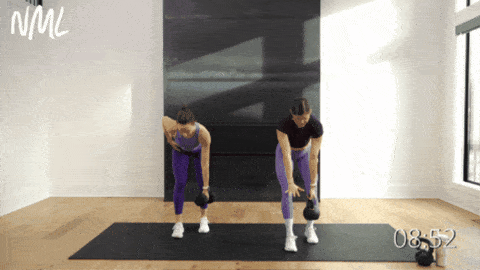 two women demonstrating bent over back rows with a kettlebell