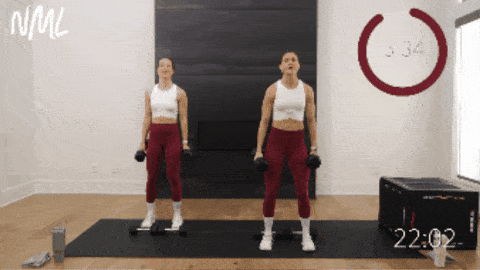 two women performing alternating bicep curls and shoulder presses with dumbbells
