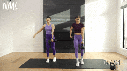 two women performing a deadlift and reverse lunge as part of beginner kettlebell workout