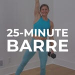 woman performing standing barre exercise with text overlay