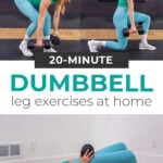 Collage of woman performing different dumbbell leg exercises
