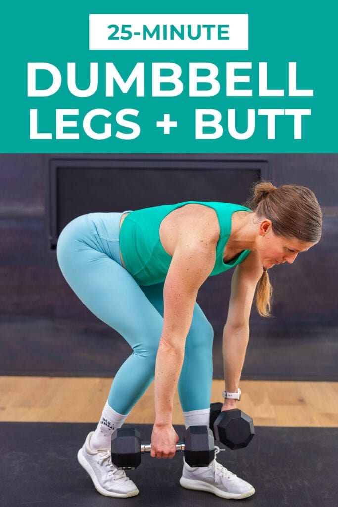 woman performing staggered deadlift as example of dumbbell leg exercises