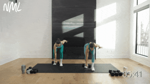 two women performing a staggered deadlift, clean and front squat as example of dumbbell leg exercises