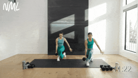 two women performing a combination of curtsy lunges and lateral lunges