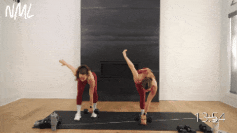 two women performing a single leg deadlift, eccentric bicep curl and rotational lunge as part of dumbbell workout