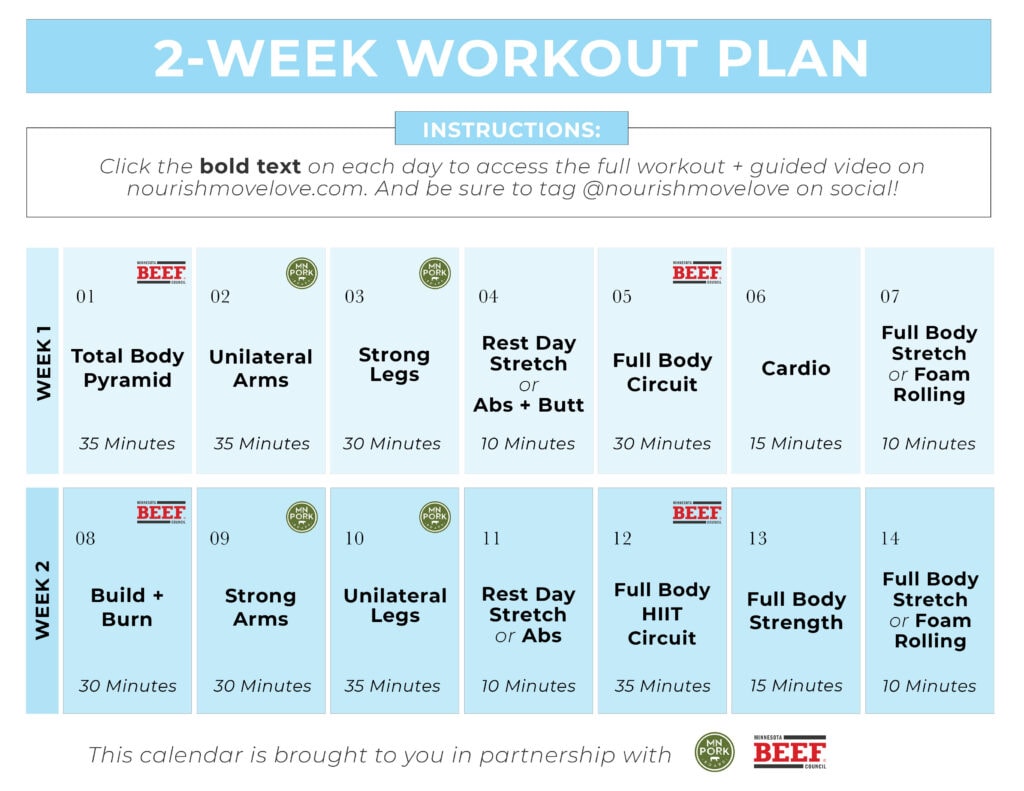 2 week calendar showing 14 days of workouts
