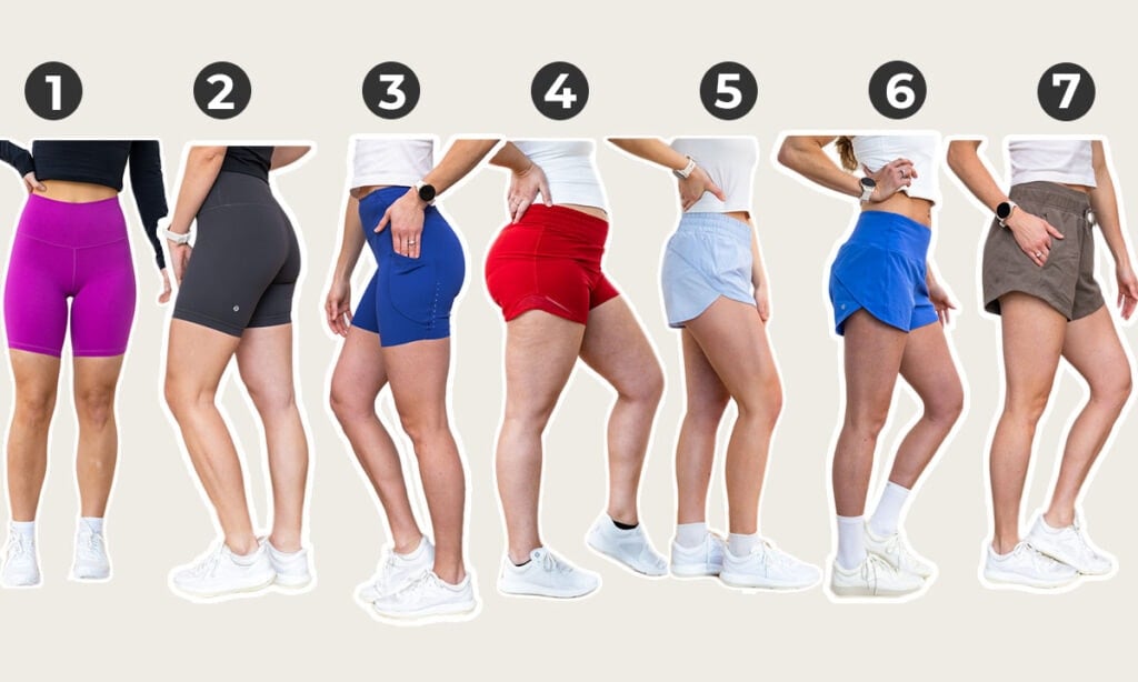 numbered collage image of seven best lululemon shorts