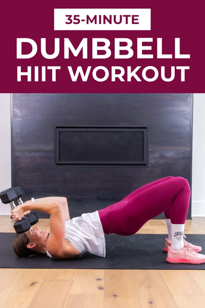 woman performing dumbbell strength and hiit workout for women
