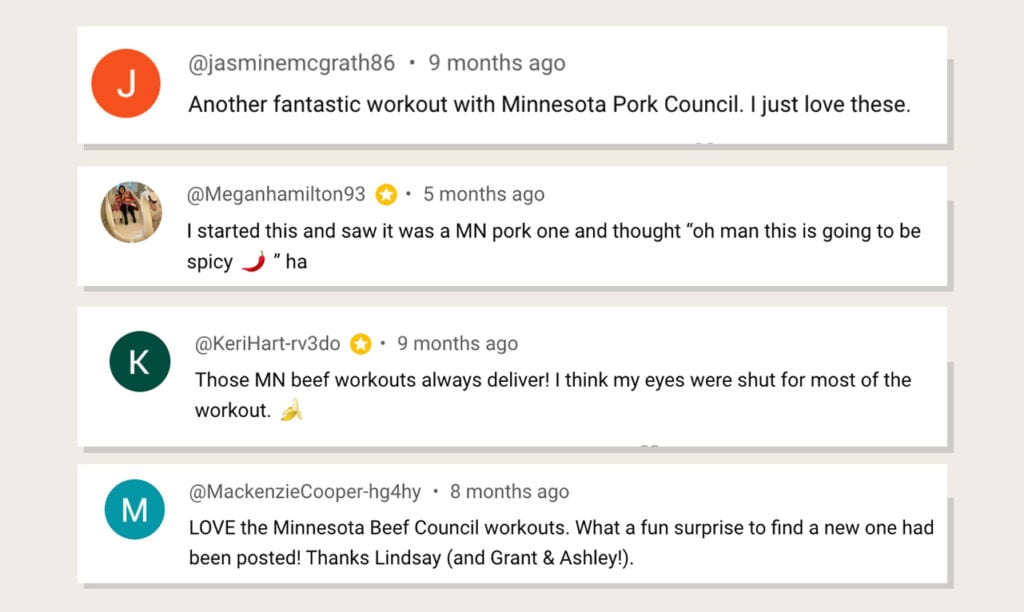 Four comments praising MN Beef and MN Pork workouts as part of 14 day workout challenge