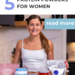 woman posing with five different protein powders