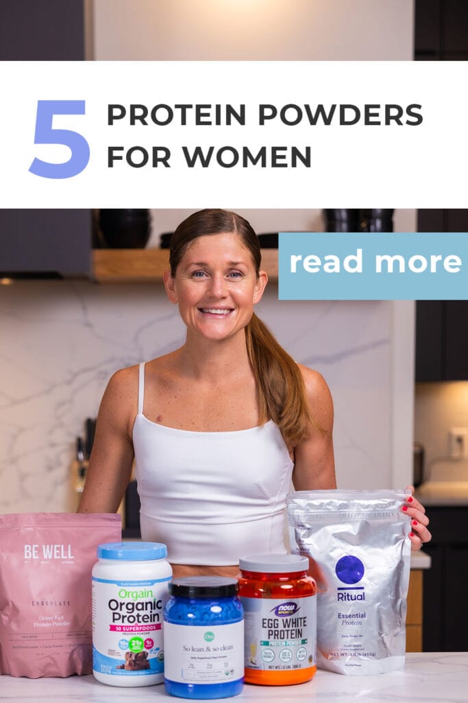 woman posing with five different protein powders