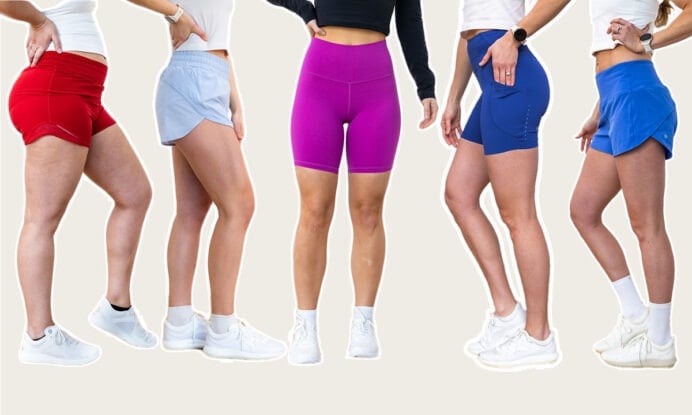 collage of 5 different running shorts for women as part of review of best lululemon shorts