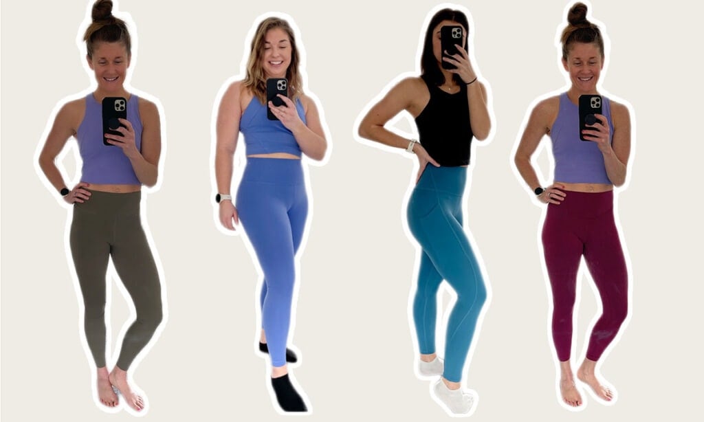 Four women taking selfies while wearing lululemon leggings