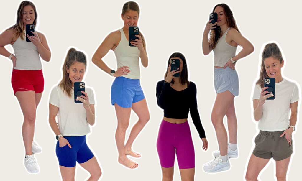 Five women posing wearing different lululemon shorts