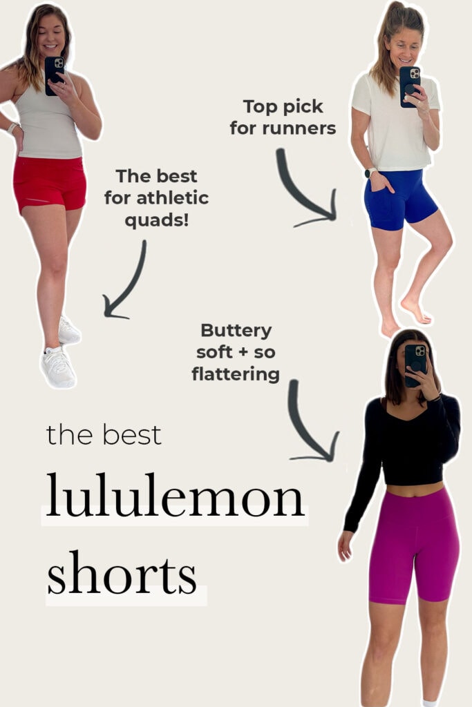 three women posing in different lululemon shorts