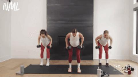 three women performing dumbbell back rows, cleans and split lunges as part of best strength and hiit workout for women
