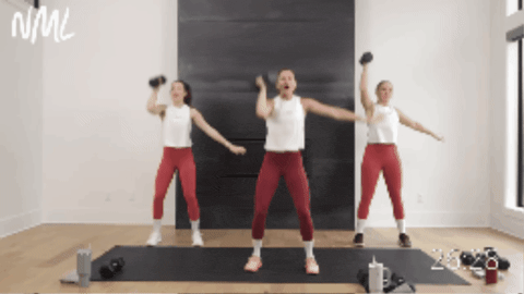 three women performing a dumbbell snatch, front rack and squat thruster as part of best strength and HIIT workout for women