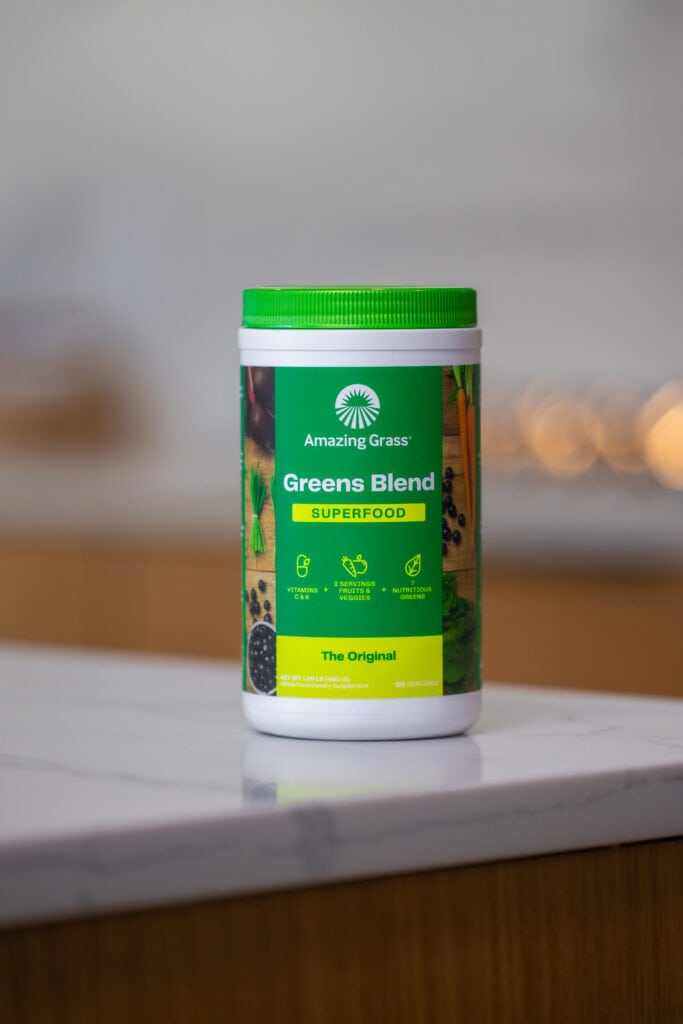 Amazing grass greens blend superfood on the kitchen counter. 