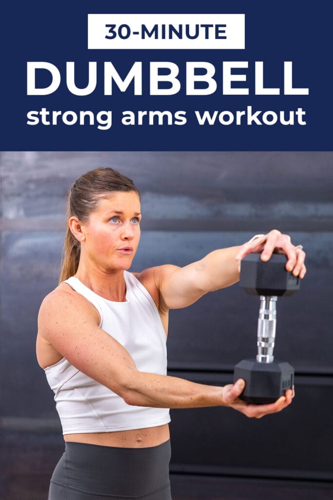 woman performing dumbbell press out exercise to strengthen arms