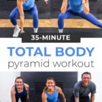 3 photo collage of woman performing total body exercises