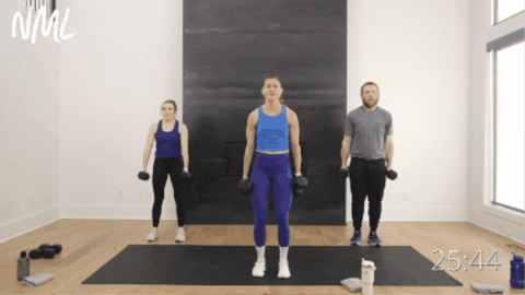 three people performing a bicep hammer curl and front shoulder raise as part of total body workout
