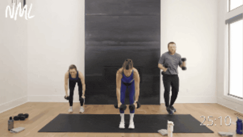 three people performing a back row, dumbbell clean and reverse lunge as part of total body workout