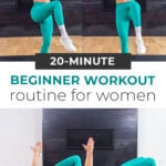 three image collage of woman performing a beginner workout routine