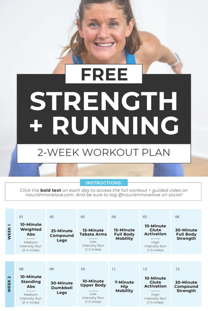 calendar showing 2 weeks of strength workouts for runners