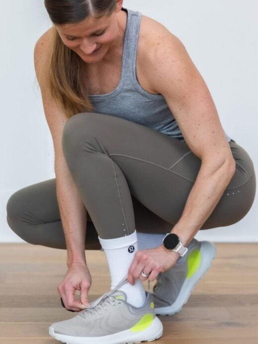Woman wearing beyondfeel lululemon running shoes as part of review of best lululemon running gear