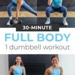 collage of woman performing 3 single dumbbell exercises