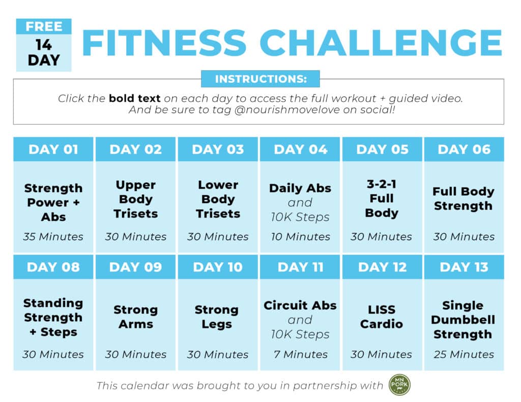 calendar showing two weeks of workouts as part of workout plan and meal plan