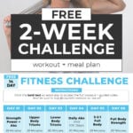 woman flexing with workout calendar overlay