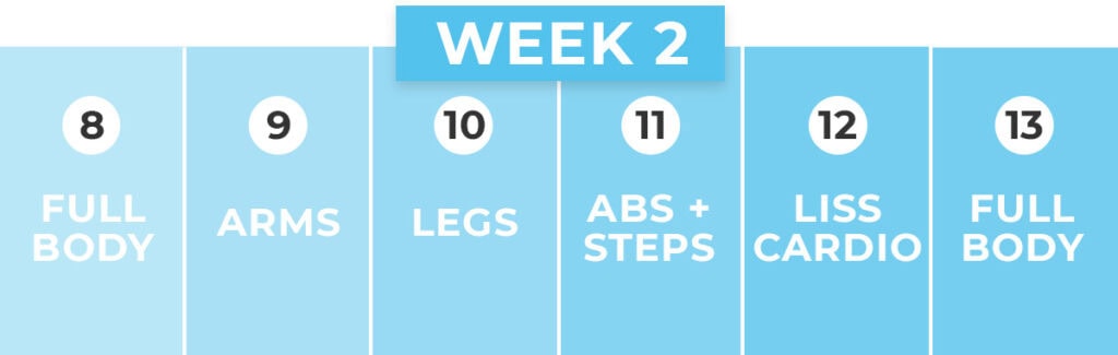 calendar showing week 2 of workout plan and meal plan