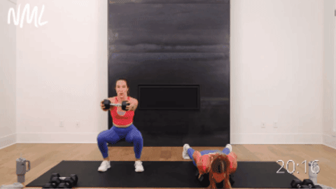 two women performing push up and dumbbell burpees as part of hiit workout routine for women