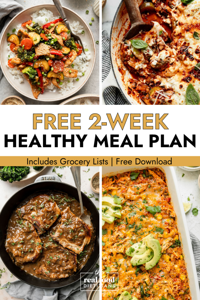 collage of four different meals from two week workout plan and meal plan