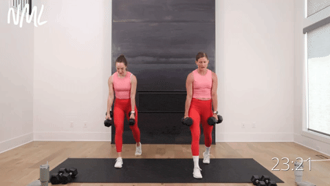 two women performing a split lunge to staggered deadlift to clean squat in a full body workout