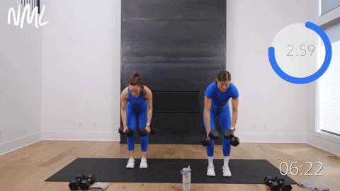 two women performing dumbbell back rows in a full body workout