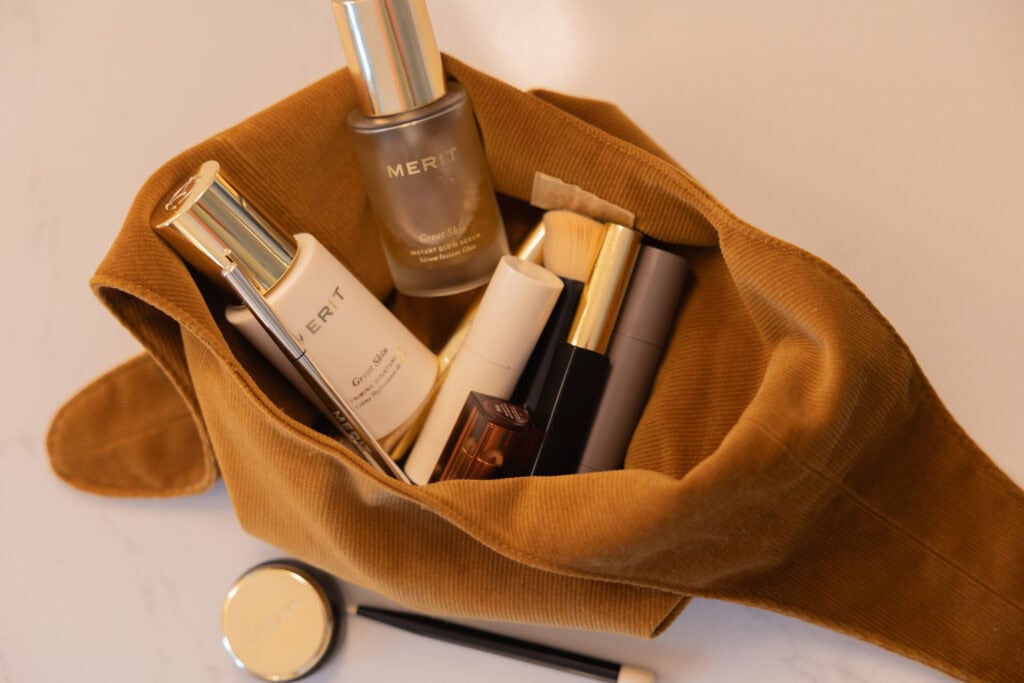 Merit beauty 5-Minute makeup routine including minimalist brush, flush balm, shade stick, day glow, mascara. 