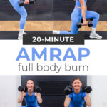 woman demonstrating 3 different dumbbell exercises