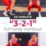 collage of three different dumbbell full body exercises