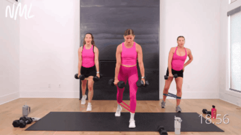 trio of women performing a staggered deadlift as part of prenatal workout
